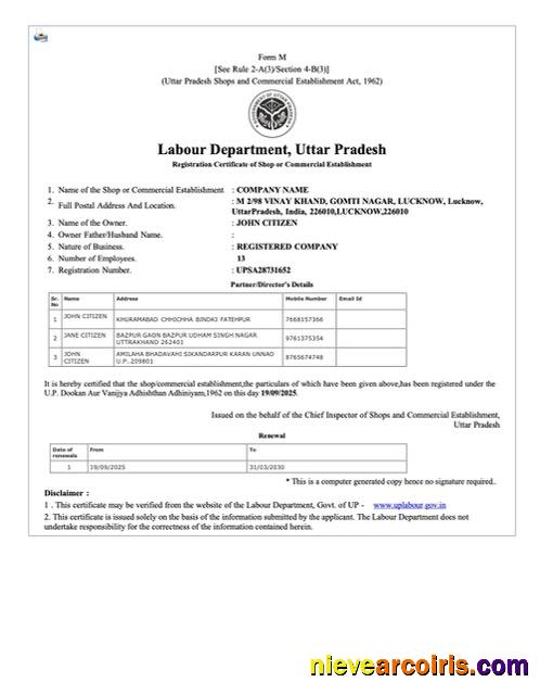 India Uttar Pradesh registration certificate of shop or commercial establishment